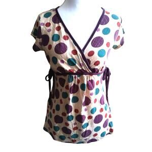 Y2K Rare Hiatus babydoll Polka dot blouse sz S cream purple tie V neck coquette